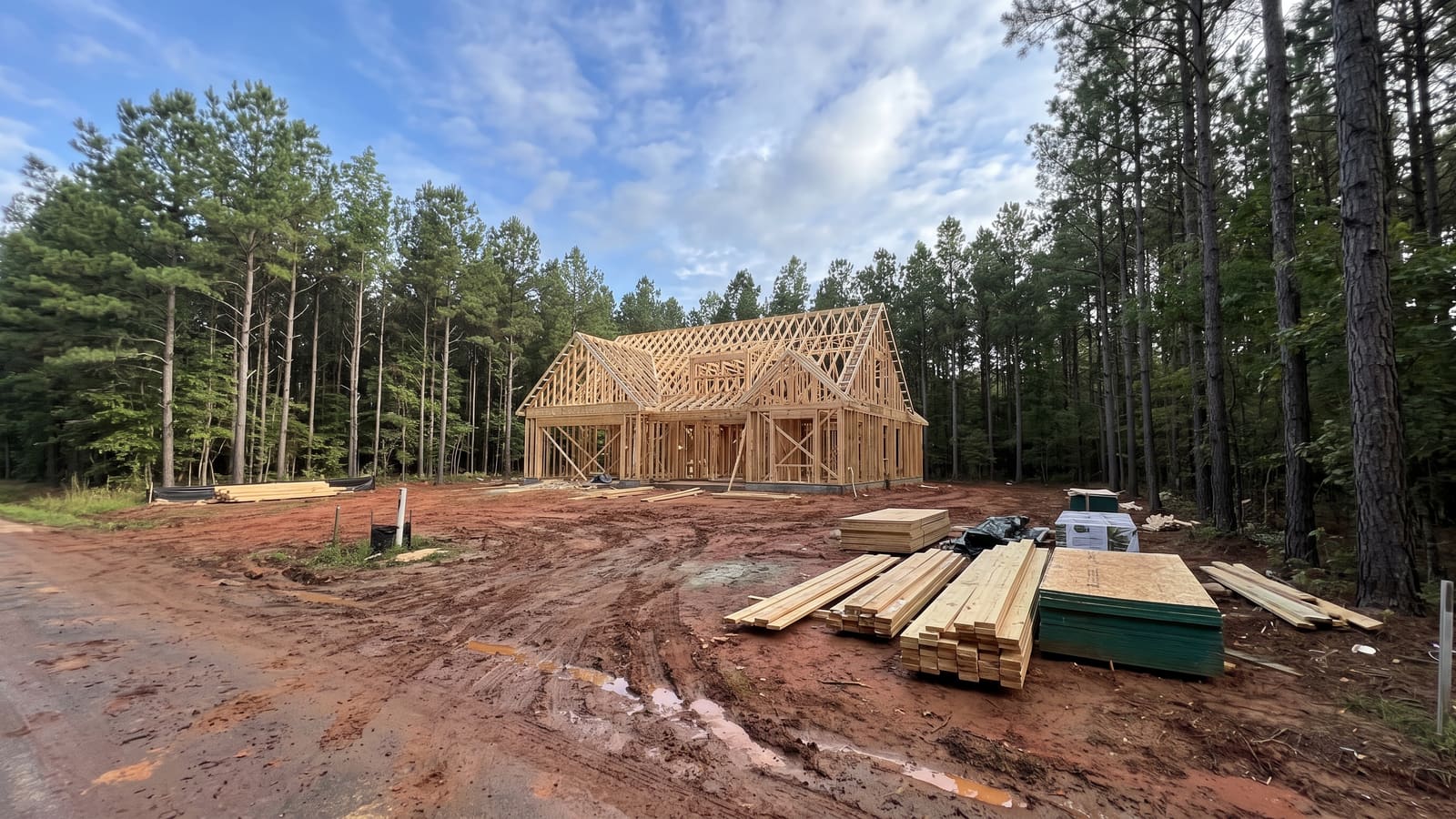 New home under construction at the framing stage on a Carolina lot