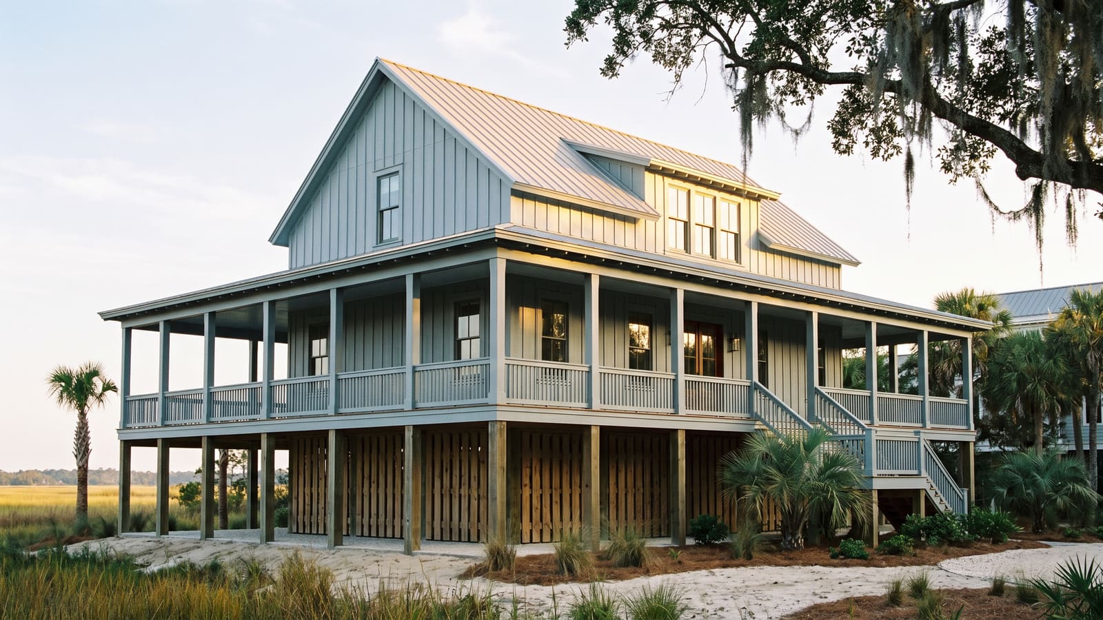 Low-country coastal Carolina home under live oak trees